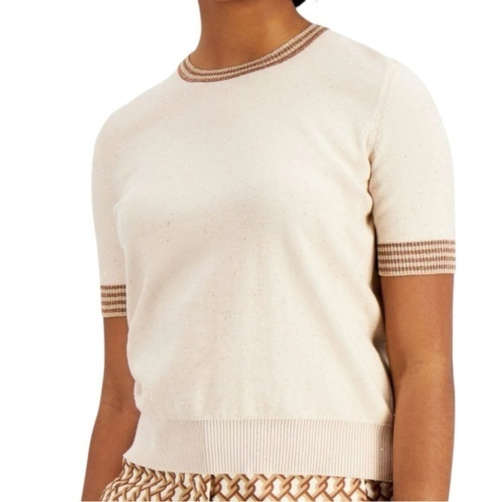Marella Women’s Sz S Latte Cream Gold Silver Metallic Trim Cerchico Crop Sweater